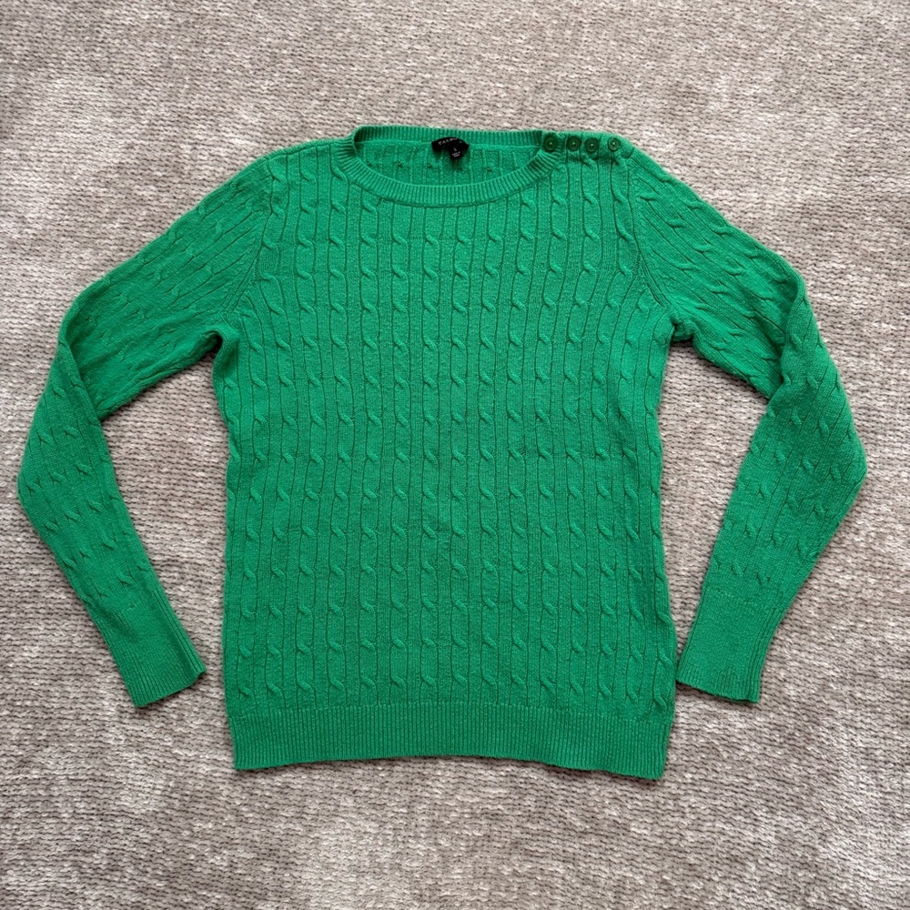 Talbots Green Cable Knit Button Shoulder Sweater Women’s Size Small Holiday